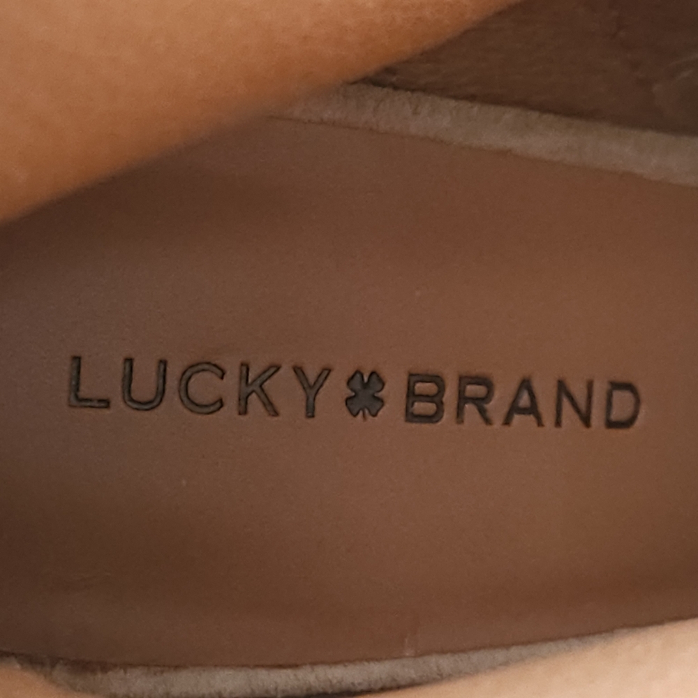 Lucky Brand‎ LK Lureli Suede Peep Toe Wedge Booties Womens 9M Tan Leather Ankle - Picture 6 of 12